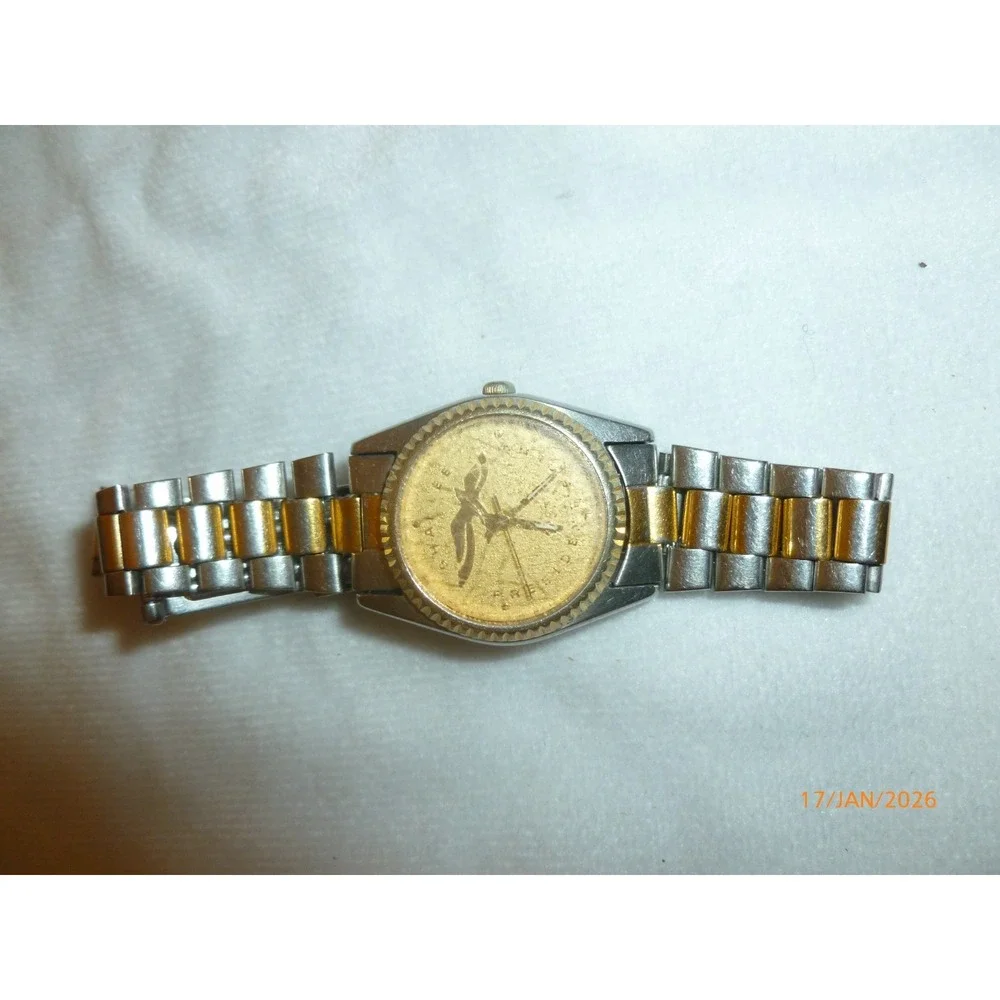 Vintage Sharlee President Two Tone Watch Gold Coin Eagle Dial Fluted Bezel